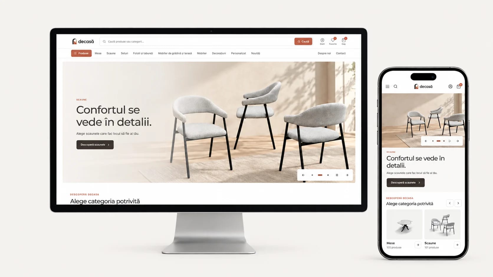 Magazinul online DeCasa afișat pe desktop și telefon