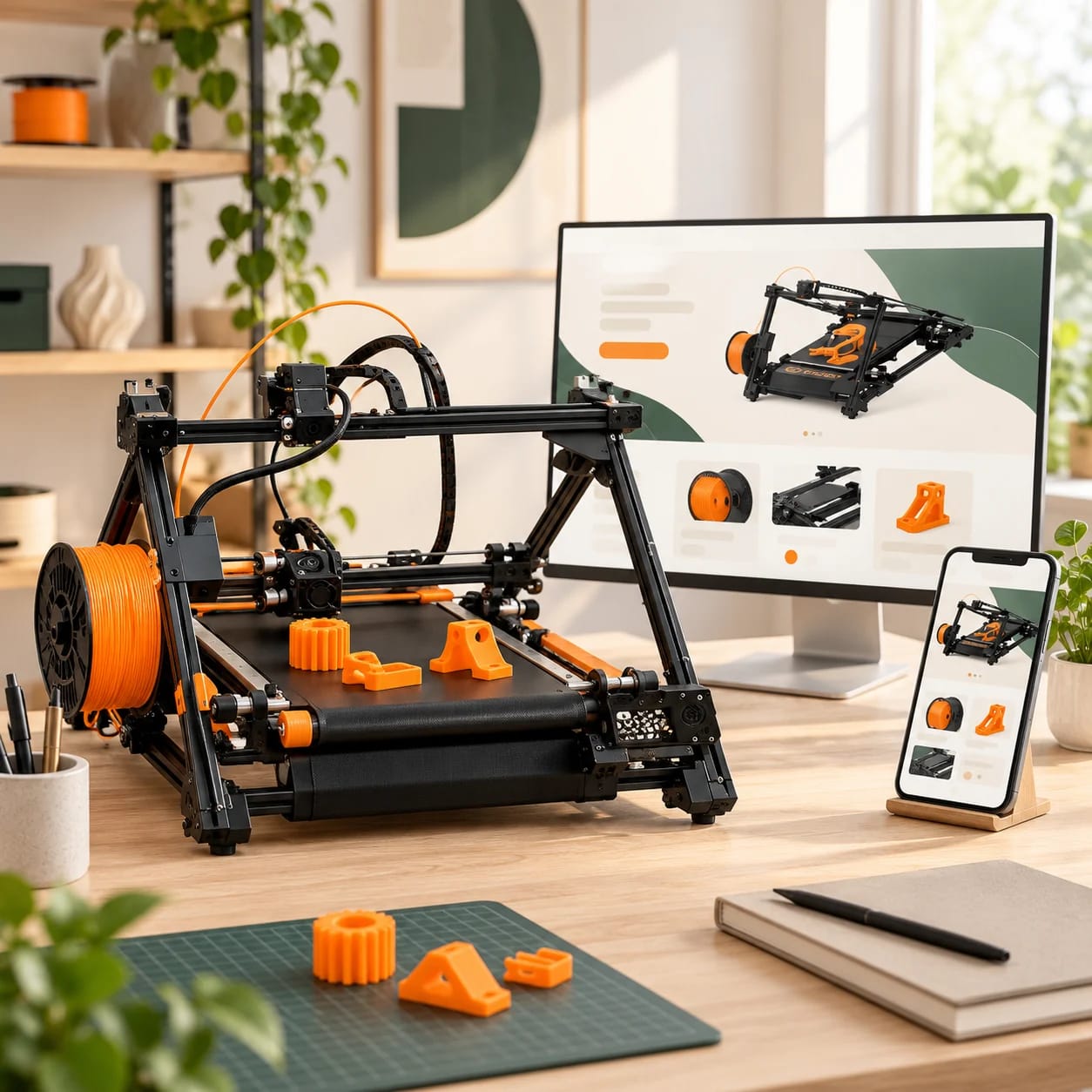 Imprimantă iFactory3D într-un studio luminos, alături de magazinul online și materialele campaniei