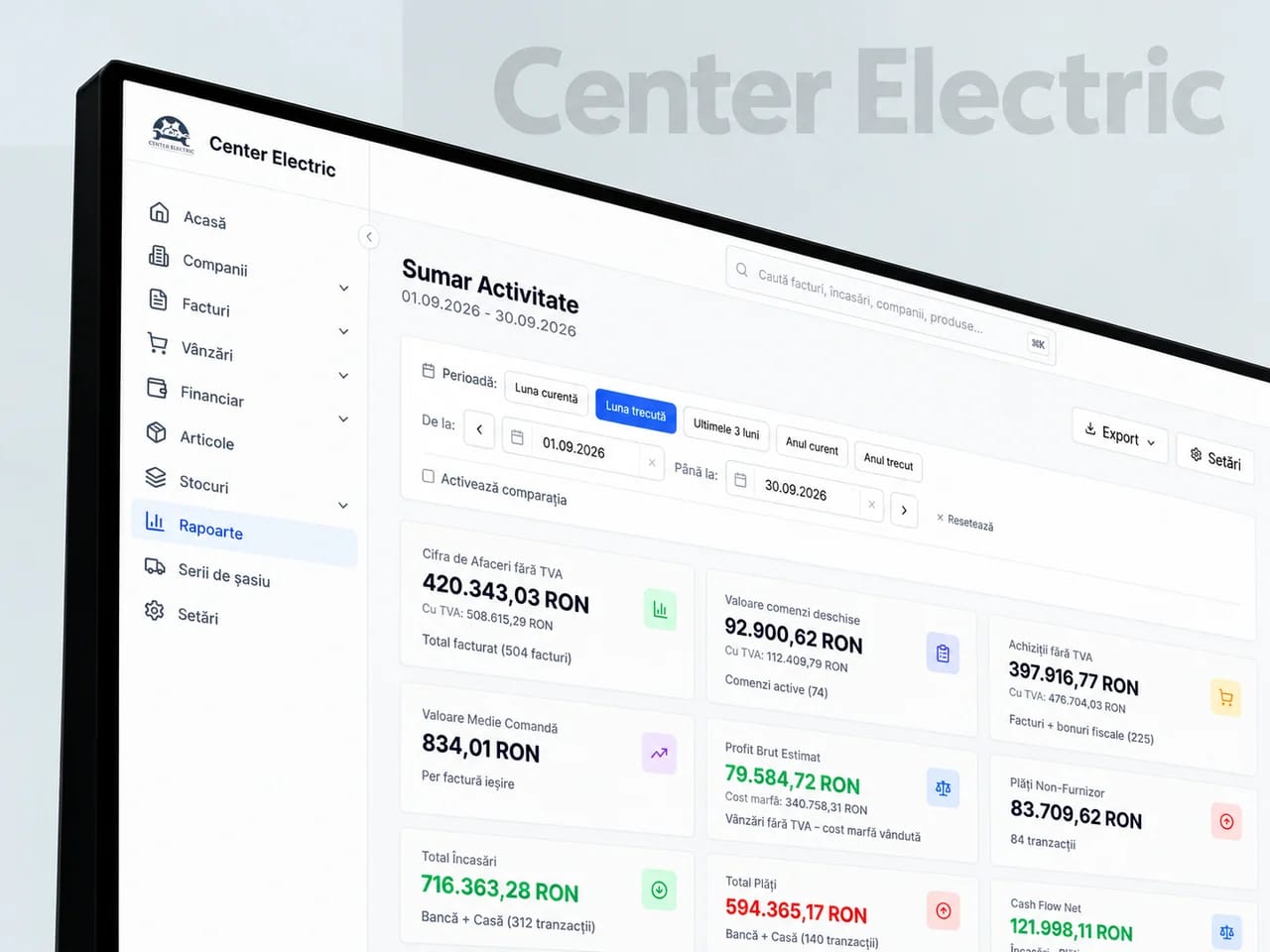 Rapoartele ERP Center Electric prezentate pe un ecran în perspectivă