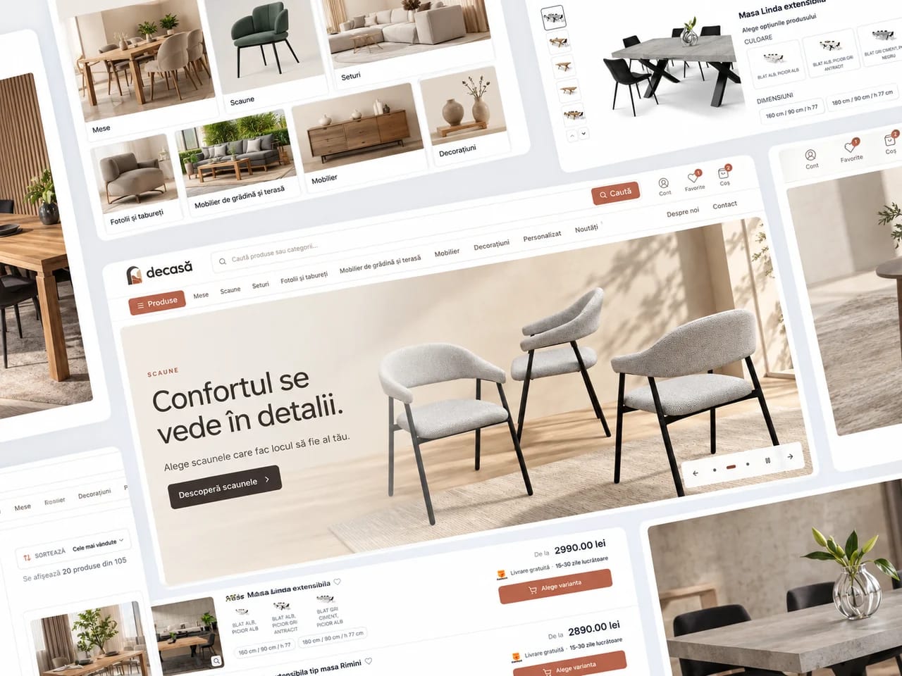 Magazinul online DeCasă: homepage, catalog de mobilier și pagina de produs într-o prezentare vizuală