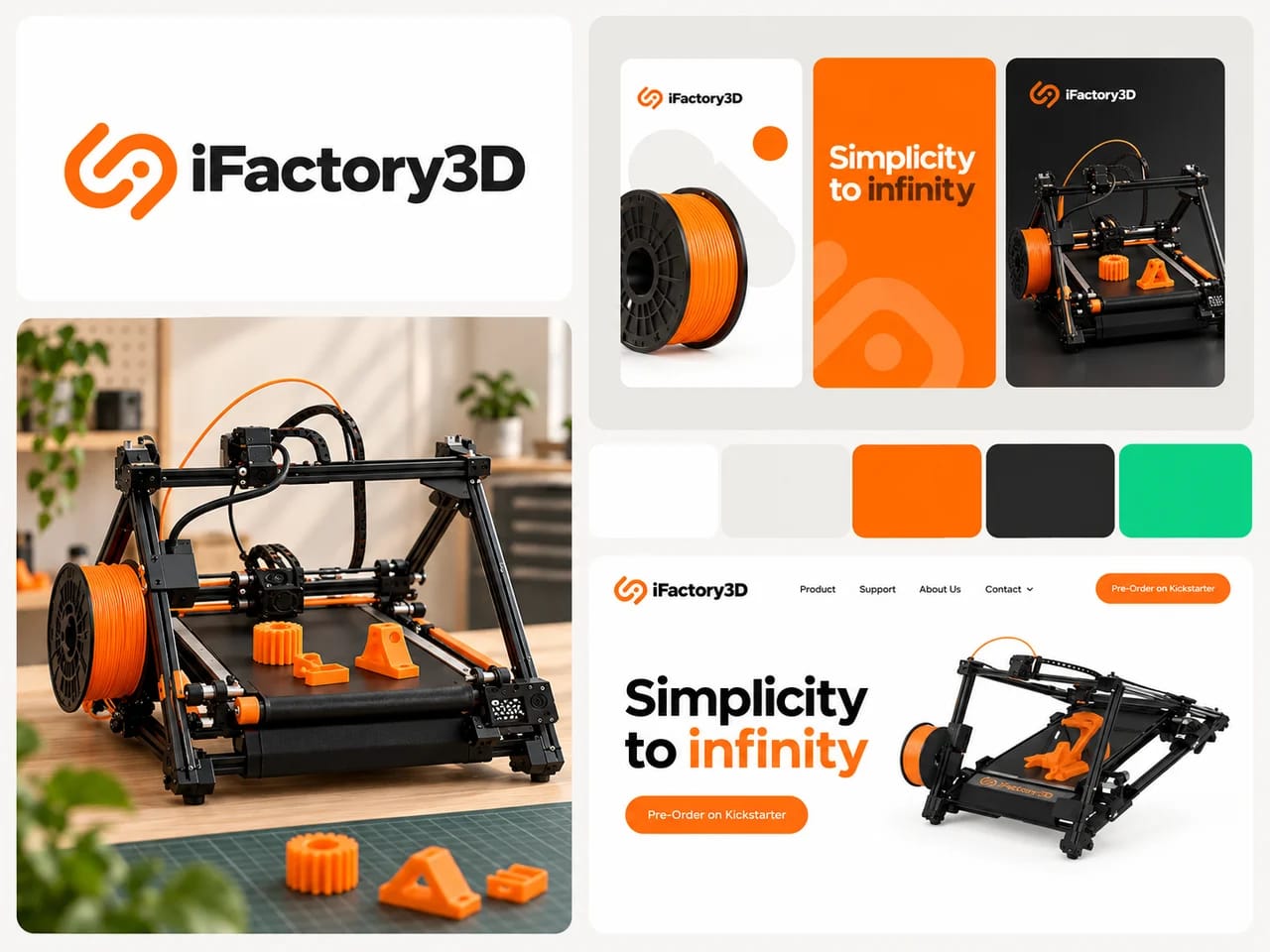 Prezentare vizuală iFactory3D: logo, imprimantă 3D, materiale de promovare, culori și website