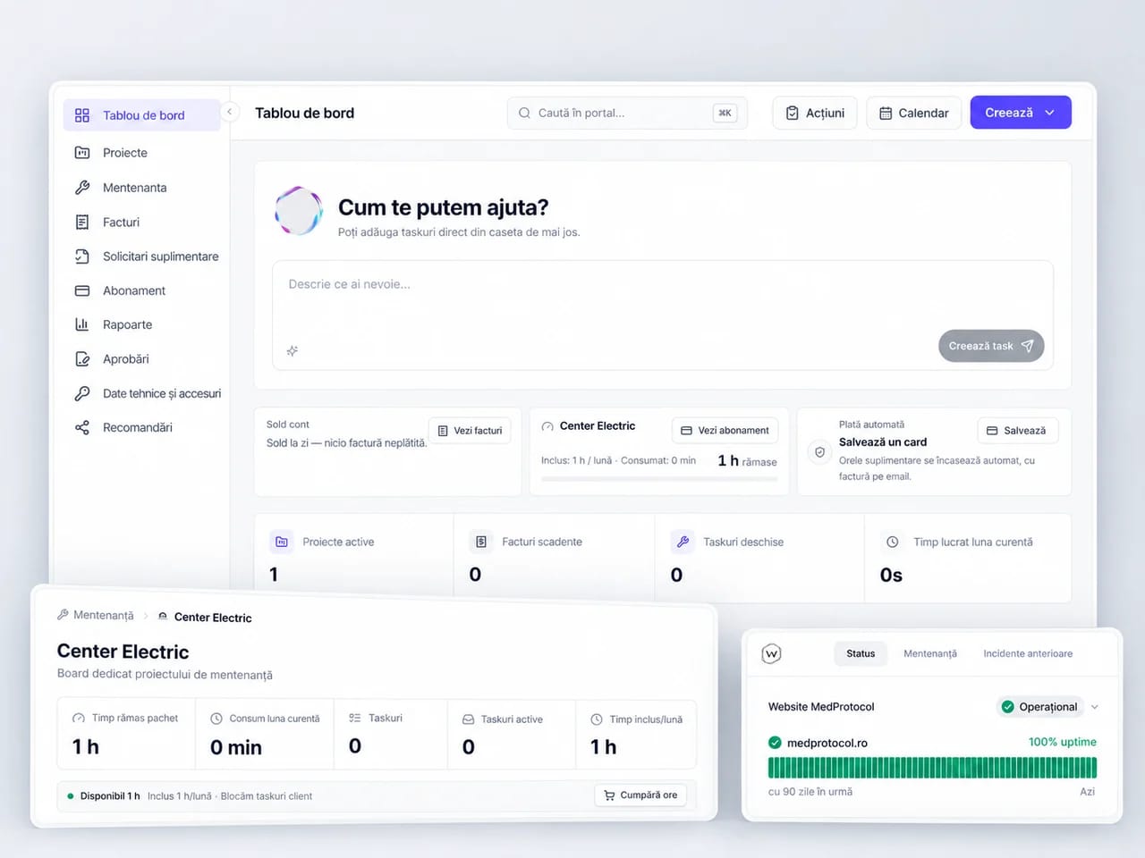 Portalul Webmate: solicitări, mentenanță și starea serviciilor