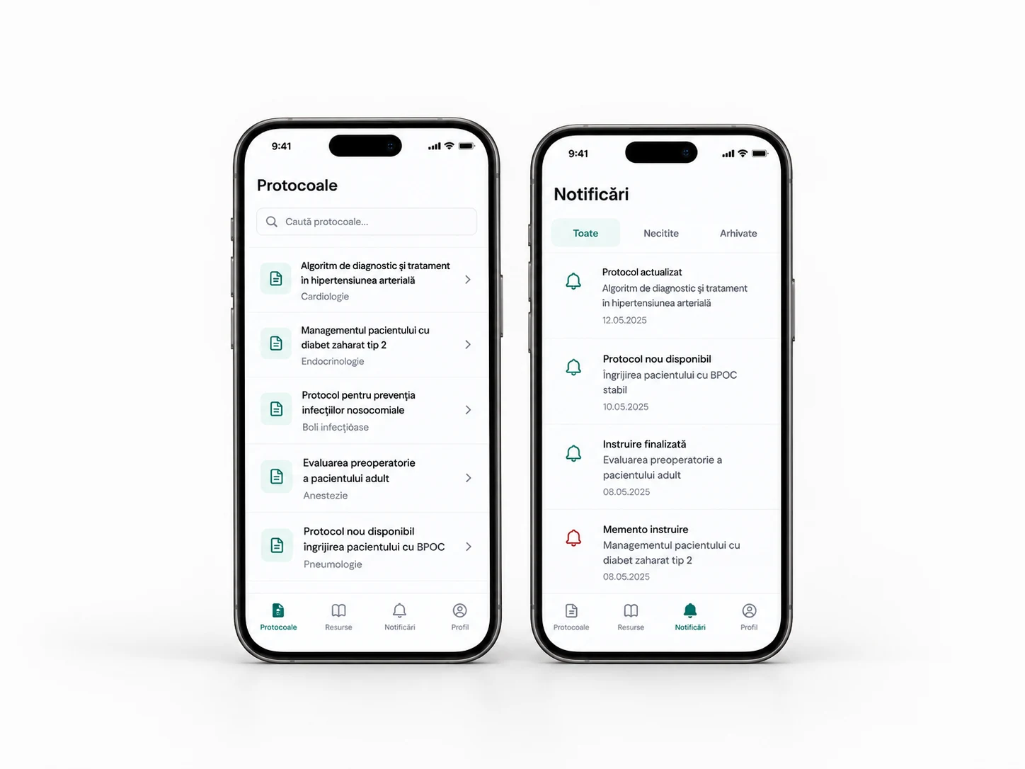 Aplicațiile MedProtocol cu lista de protocoale și notificări