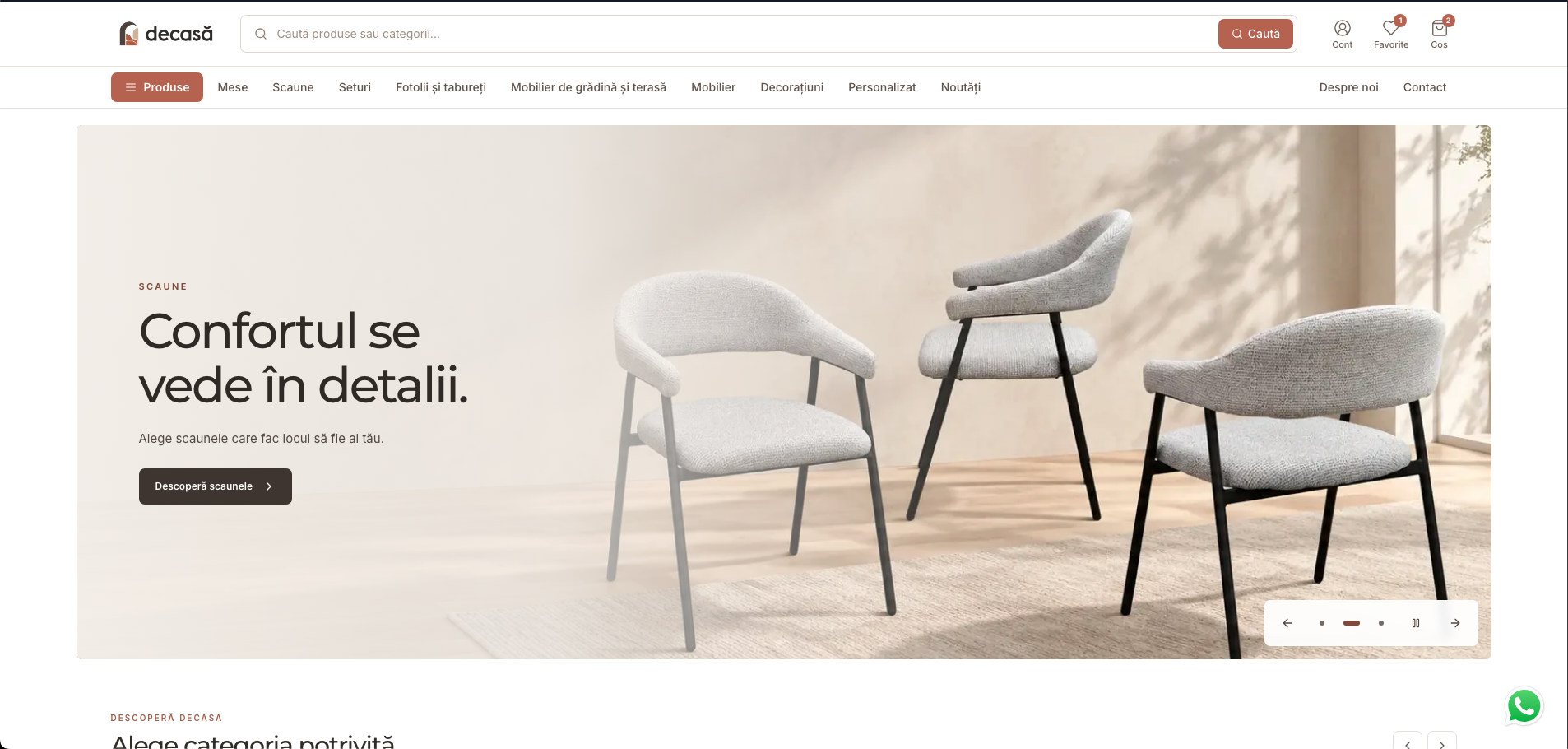 Pagina principală a magazinului DeCasă, realizată de Webmate