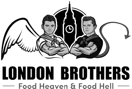 Sigla „London Brothers” cu ilustrații ale a doi bărbați cu aripi de înger și diavol și repere din Londra în fundal.